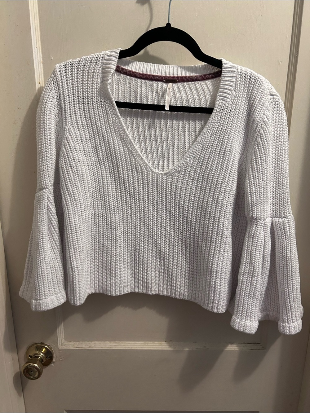 Free People Cropped White V-Neck Bell Sleeve Knit Sweater